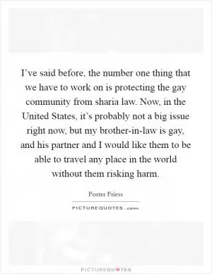 I’ve said before, the number one thing that we have to work on is protecting the gay community from sharia law. Now, in the United States, it’s probably not a big issue right now, but my brother-in-law is gay, and his partner and I would like them to be able to travel any place in the world without them risking harm Picture Quote #1