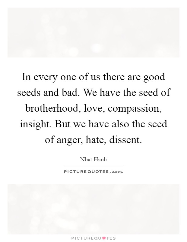 In every one of us there are good seeds and bad. We have the seed of brotherhood, love, compassion, insight. But we have also the seed of anger, hate, dissent. Picture Quote #1