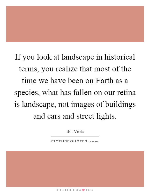 If you look at landscape in historical terms, you realize that most of the time we have been on Earth as a species, what has fallen on our retina is landscape, not images of buildings and cars and street lights. Picture Quote #1