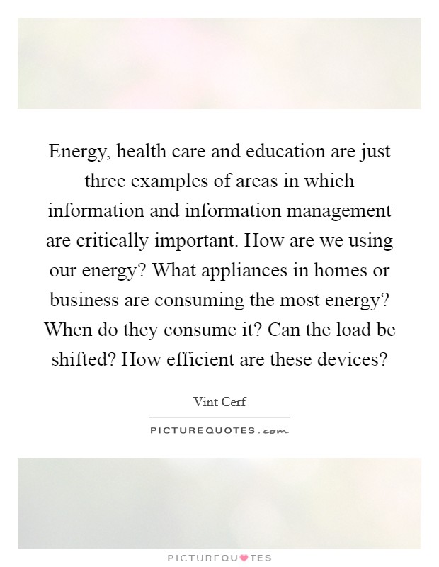 Energy, health care and education are just three examples of areas in which information and information management are critically important. How are we using our energy? What appliances in homes or business are consuming the most energy? When do they consume it? Can the load be shifted? How efficient are these devices? Picture Quote #1
