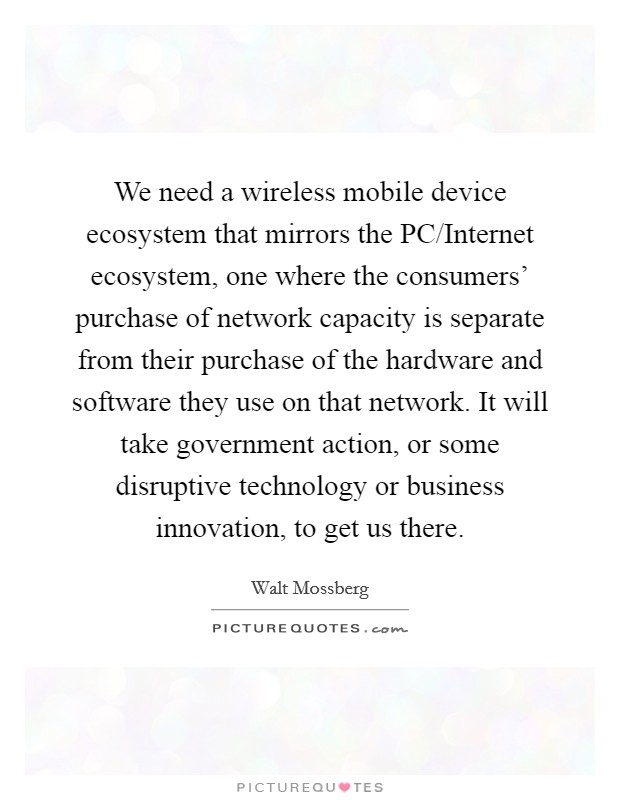 We need a wireless mobile device ecosystem that mirrors the PC/Internet ecosystem, one where the consumers' purchase of network capacity is separate from their purchase of the hardware and software they use on that network. It will take government action, or some disruptive technology or business innovation, to get us there. Picture Quote #1