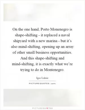 On the one hand, Porto Monenegro is shape-shifting - it replaced a naval shipyard with a new marina - but it’s also mind-shifting, opening up an array of other small business opportunities. And this shape-shifting and mind-shifting, it is exactly what we’re trying to do in Montenegro Picture Quote #1