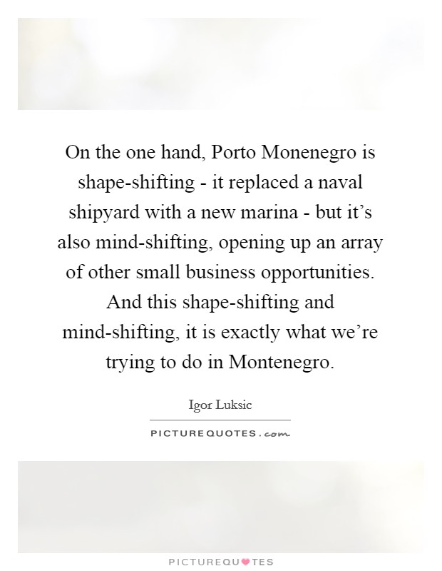 On the one hand, Porto Monenegro is shape-shifting - it replaced a naval shipyard with a new marina - but it's also mind-shifting, opening up an array of other small business opportunities. And this shape-shifting and mind-shifting, it is exactly what we're trying to do in Montenegro. Picture Quote #1