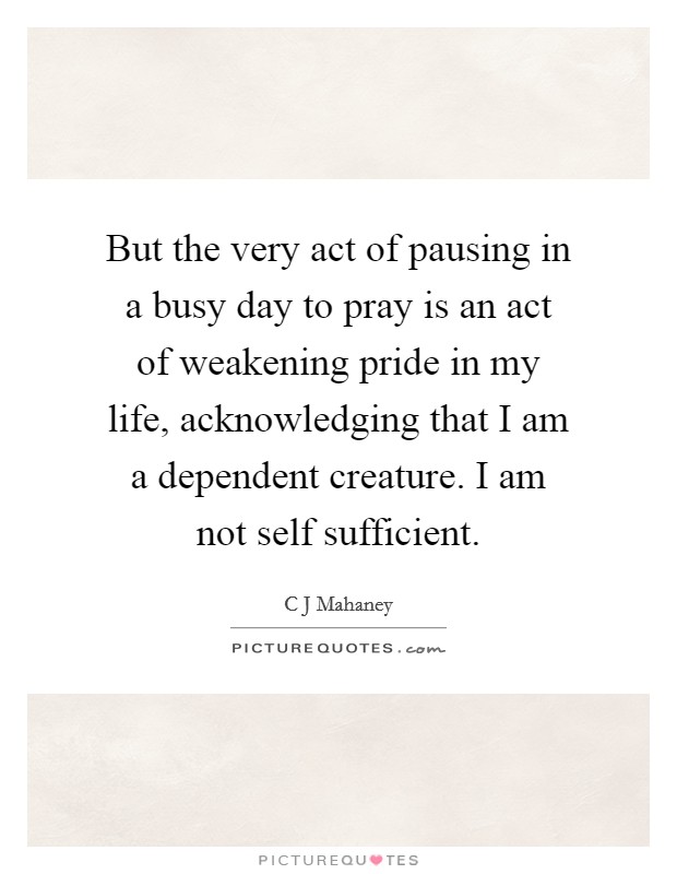 But the very act of pausing in a busy day to pray is an act of weakening pride in my life, acknowledging that I am a dependent creature. I am not self sufficient. Picture Quote #1