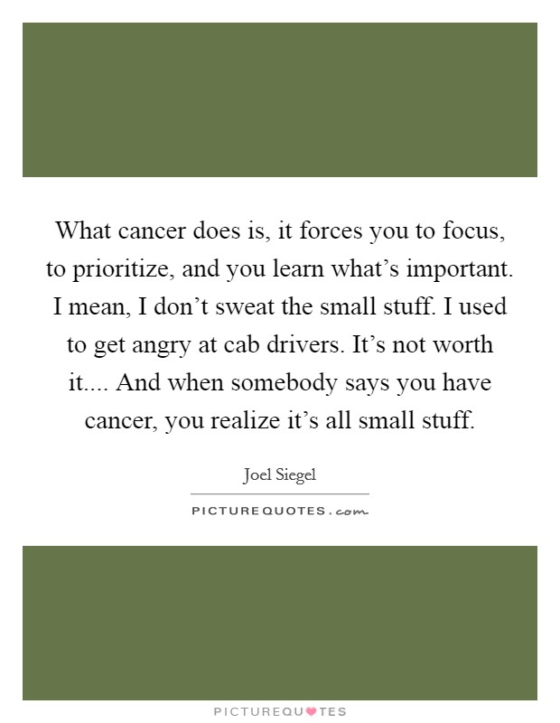 What cancer does is, it forces you to focus, to prioritize, and you learn what's important. I mean, I don't sweat the small stuff. I used to get angry at cab drivers. It's not worth it.... And when somebody says you have cancer, you realize it's all small stuff. Picture Quote #1