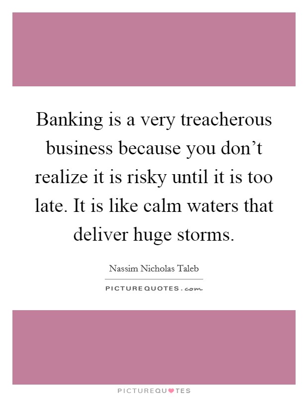 Banking is a very treacherous business because you don't realize it is risky until it is too late. It is like calm waters that deliver huge storms. Picture Quote #1