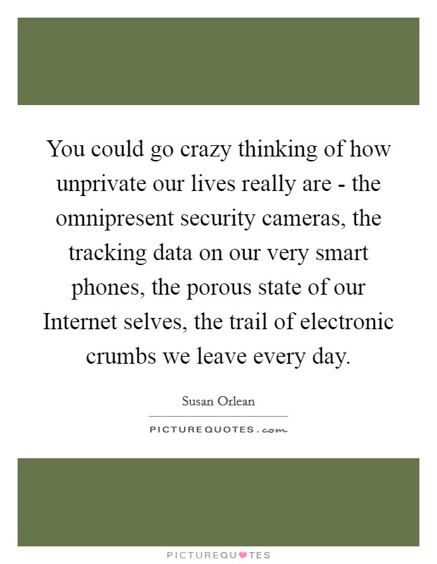 You could go crazy thinking of how unprivate our lives really are - the omnipresent security cameras, the tracking data on our very smart phones, the porous state of our Internet selves, the trail of electronic crumbs we leave every day. Picture Quote #1