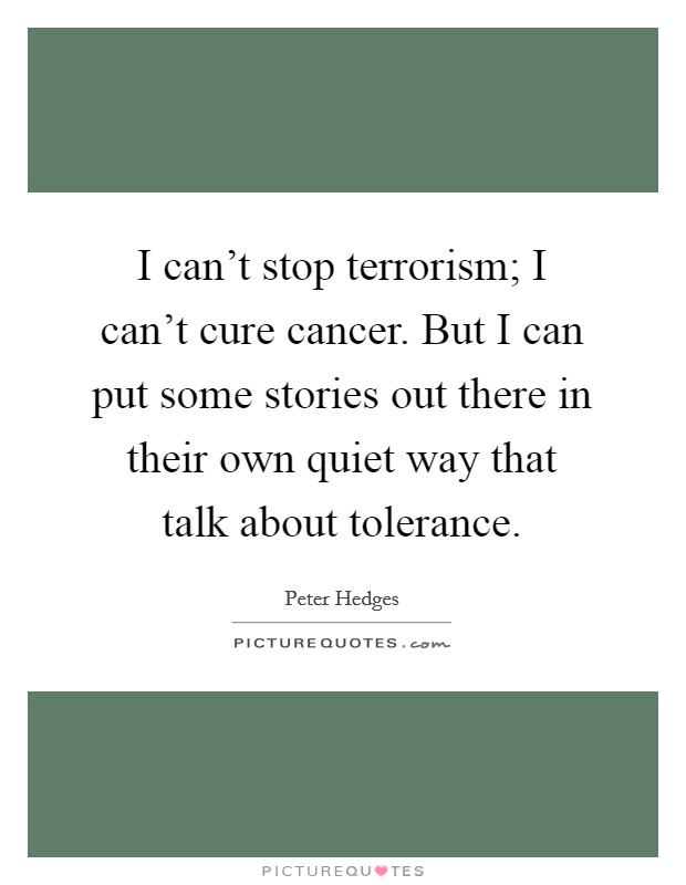 I can't stop terrorism; I can't cure cancer. But I can put some stories out there in their own quiet way that talk about tolerance. Picture Quote #1