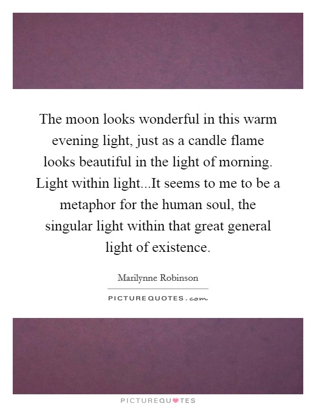 The moon looks wonderful in this warm evening light, just as a candle flame looks beautiful in the light of morning. Light within light...It seems to me to be a metaphor for the human soul, the singular light within that great general light of existence. Picture Quote #1