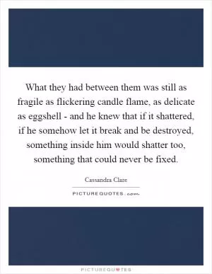 What they had between them was still as fragile as flickering candle flame, as delicate as eggshell - and he knew that if it shattered, if he somehow let it break and be destroyed, something inside him would shatter too, something that could never be fixed Picture Quote #1
