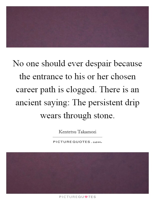 No one should ever despair because the entrance to his or her chosen career path is clogged. There is an ancient saying: The persistent drip wears through stone. Picture Quote #1