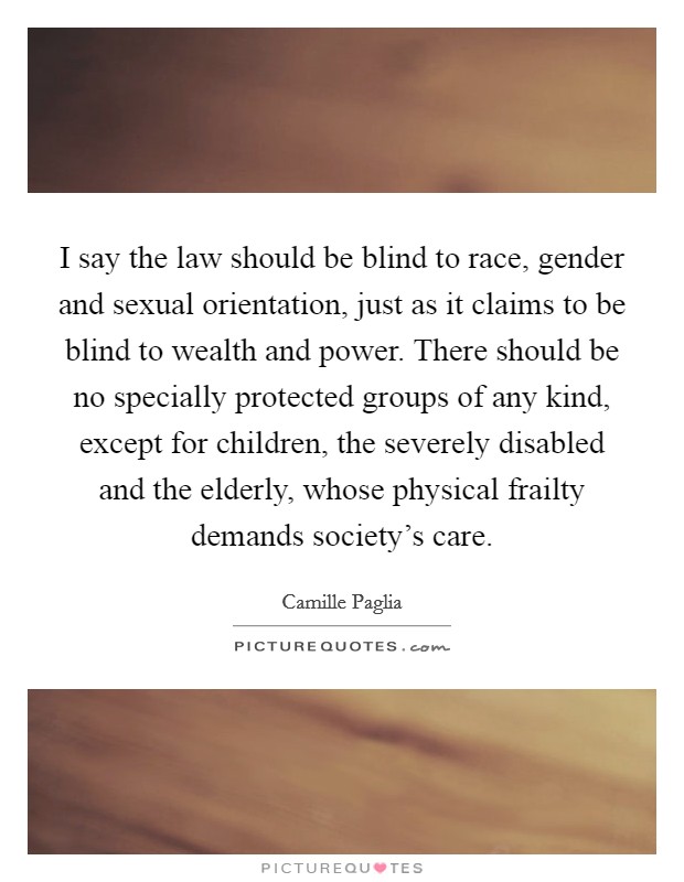 I say the law should be blind to race, gender and sexual orientation, just as it claims to be blind to wealth and power. There should be no specially protected groups of any kind, except for children, the severely disabled and the elderly, whose physical frailty demands society's care. Picture Quote #1