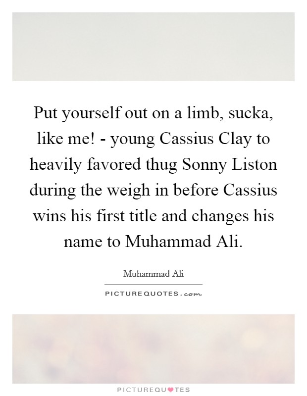 Put yourself out on a limb, sucka, like me! - young Cassius Clay to heavily favored thug Sonny Liston during the weigh in before Cassius wins his first title and changes his name to Muhammad Ali. Picture Quote #1