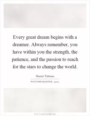 Every great dream begins with a dreamer. Always remember, you have within you the strength, the patience, and the passion to reach for the stars to change the world Picture Quote #1