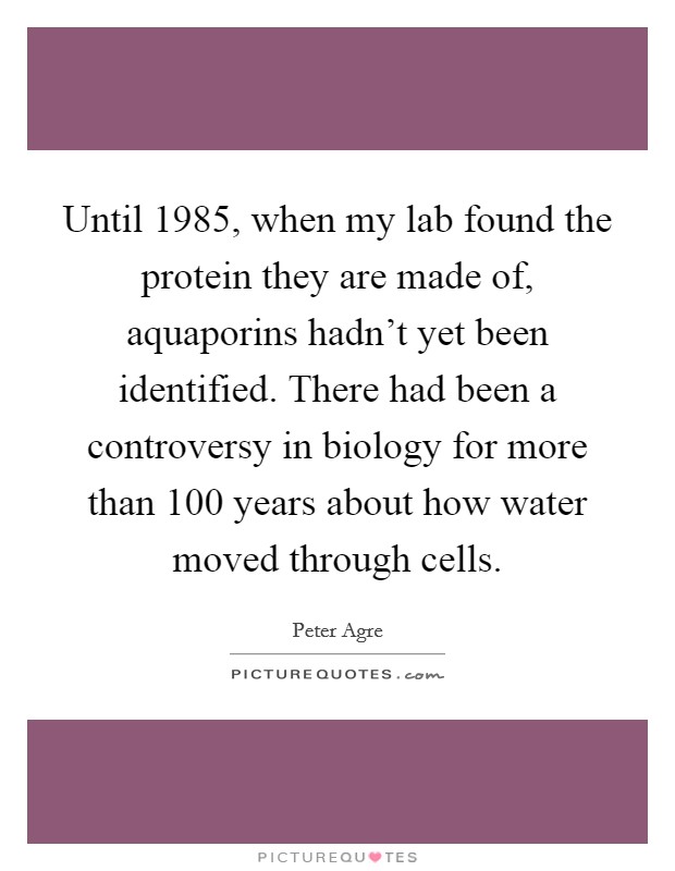 Until 1985, when my lab found the protein they are made of, aquaporins hadn't yet been identified. There had been a controversy in biology for more than 100 years about how water moved through cells. Picture Quote #1