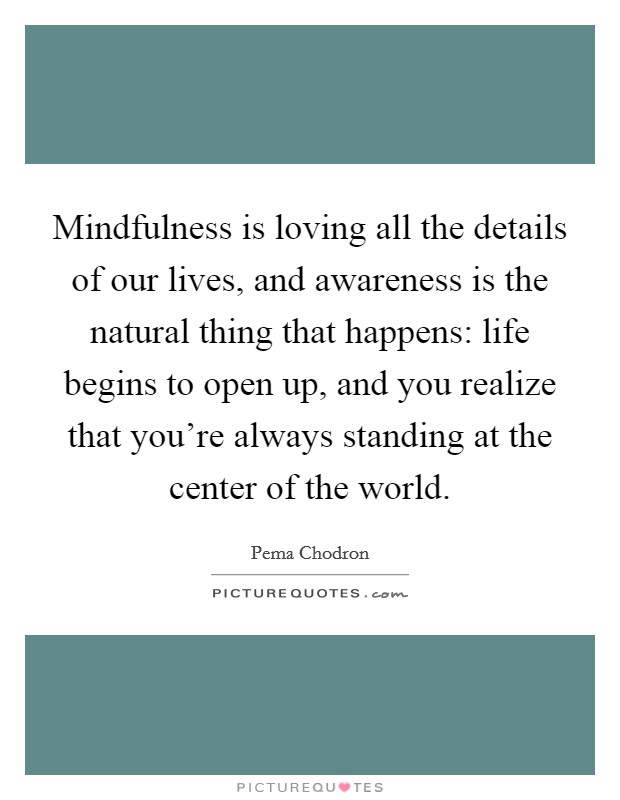Mindfulness is loving all the details of our lives, and awareness is the natural thing that happens: life begins to open up, and you realize that you're always standing at the center of the world. Picture Quote #1