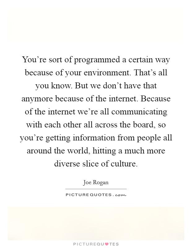 You're sort of programmed a certain way because of your environment. That's all you know. But we don't have that anymore because of the internet. Because of the internet we're all communicating with each other all across the board, so you're getting information from people all around the world, hitting a much more diverse slice of culture. Picture Quote #1