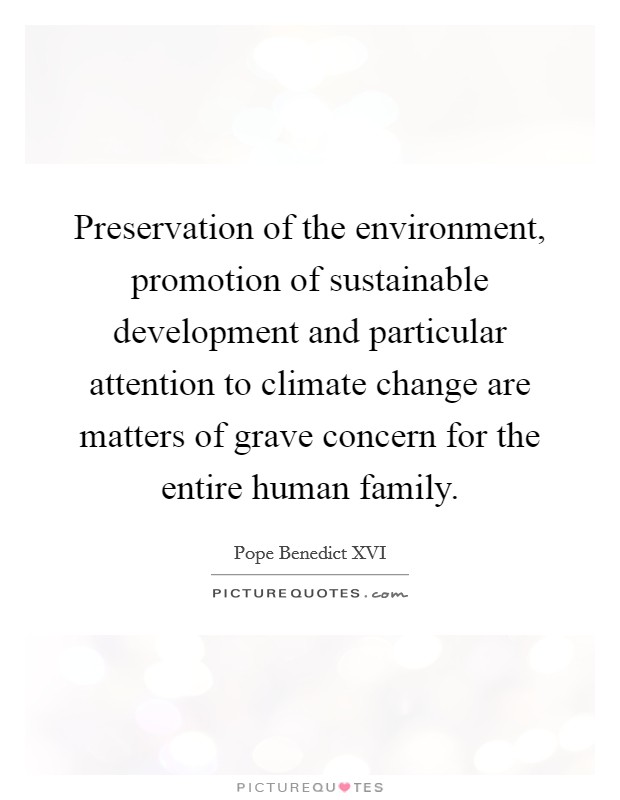 Preservation of the environment, promotion of sustainable development and particular attention to climate change are matters of grave concern for the entire human family. Picture Quote #1