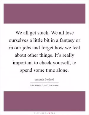 We all get stuck. We all lose ourselves a little bit in a fantasy or in our jobs and forget how we feel about other things. It’s really important to check yourself, to spend some time alone Picture Quote #1