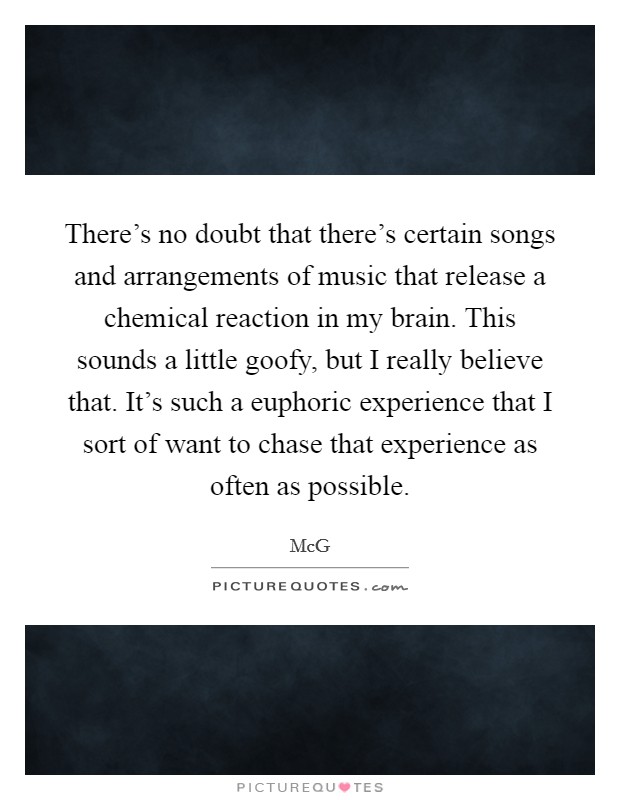 There's no doubt that there's certain songs and arrangements of music that release a chemical reaction in my brain. This sounds a little goofy, but I really believe that. It's such a euphoric experience that I sort of want to chase that experience as often as possible. Picture Quote #1