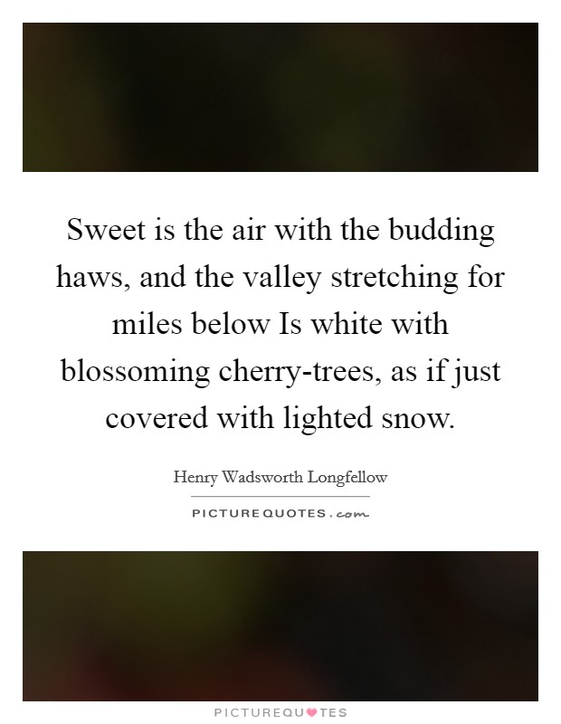 Sweet is the air with the budding haws, and the valley stretching for miles below Is white with blossoming cherry-trees, as if just covered with lighted snow. Picture Quote #1