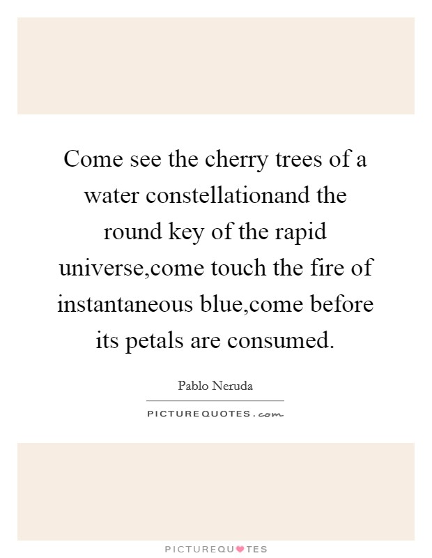 Come see the cherry trees of a water constellationand the round key of the rapid universe,come touch the fire of instantaneous blue,come before its petals are consumed. Picture Quote #1