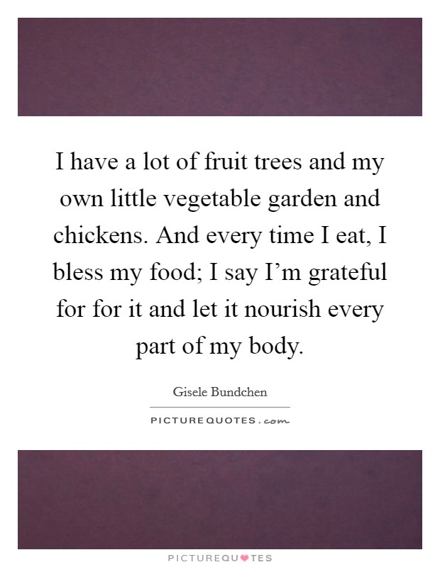I have a lot of fruit trees and my own little vegetable garden and chickens. And every time I eat, I bless my food; I say I'm grateful for for it and let it nourish every part of my body. Picture Quote #1