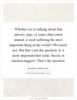 Whether we’re talking about fish species, pigs, or some other eaten animal, is such suffering the most important thing in the world? Obviously not. But that’s not the question. Is it more important that sushi, bacon, or chicken nuggets? That’s the question Picture Quote #1