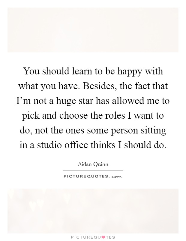 You should learn to be happy with what you have. Besides, the fact that I'm not a huge star has allowed me to pick and choose the roles I want to do, not the ones some person sitting in a studio office thinks I should do. Picture Quote #1