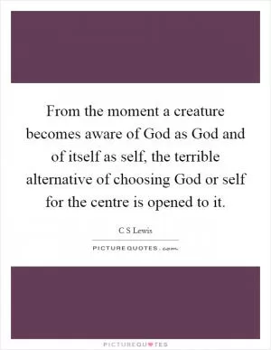 From the moment a creature becomes aware of God as God and of itself as self, the terrible alternative of choosing God or self for the centre is opened to it Picture Quote #1