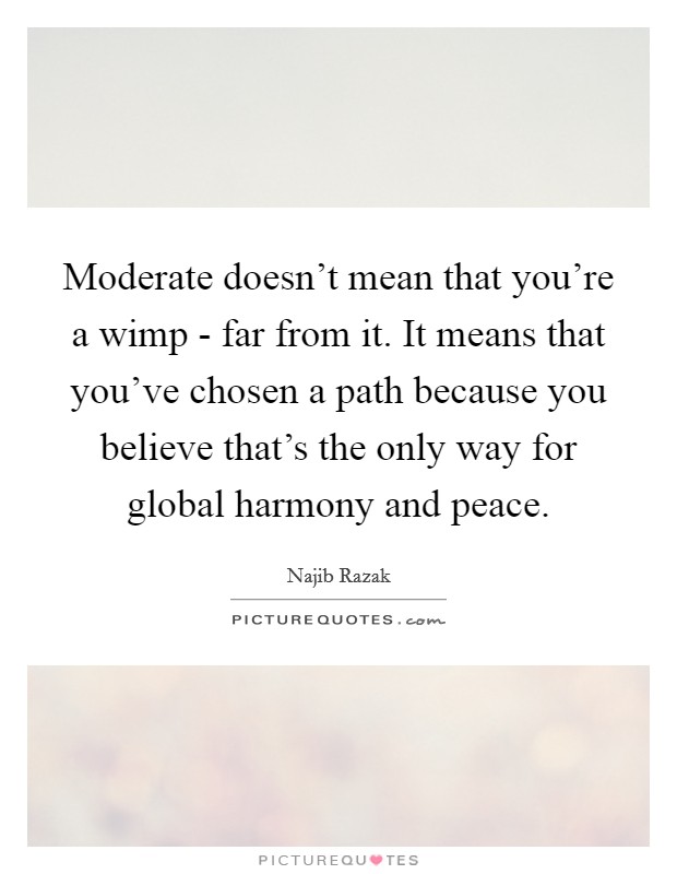 Moderate doesn't mean that you're a wimp - far from it. It means that you've chosen a path because you believe that's the only way for global harmony and peace. Picture Quote #1