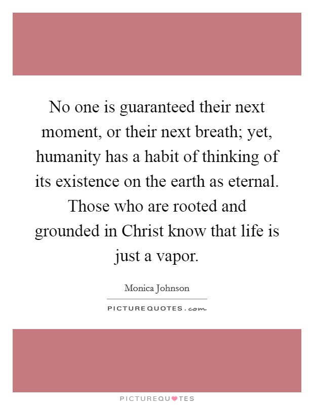 No one is guaranteed their next moment, or their next breath; yet, humanity has a habit of thinking of its existence on the earth as eternal. Those who are rooted and grounded in Christ know that life is just a vapor. Picture Quote #1