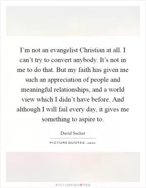 I’m not an evangelist Christian at all. I can’t try to convert anybody. It’s not in me to do that. But my faith has given me such an appreciation of people and meaningful relationships, and a world view which I didn’t have before. And although I will fail every day, it gives me something to aspire to Picture Quote #1