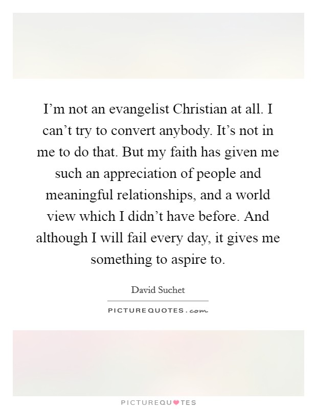 I'm not an evangelist Christian at all. I can't try to convert anybody. It's not in me to do that. But my faith has given me such an appreciation of people and meaningful relationships, and a world view which I didn't have before. And although I will fail every day, it gives me something to aspire to. Picture Quote #1