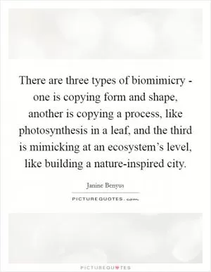 There are three types of biomimicry - one is copying form and shape, another is copying a process, like photosynthesis in a leaf, and the third is mimicking at an ecosystem’s level, like building a nature-inspired city Picture Quote #1