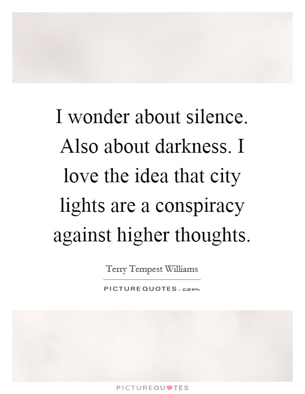 I wonder about silence. Also about darkness. I love the idea that city lights are a conspiracy against higher thoughts. Picture Quote #1