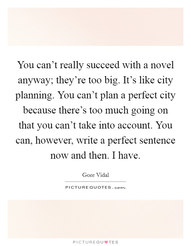 You can’t really succeed with a novel anyway; they’re too big. It’s like city planning. You can’t plan a perfect city because there’s too much going on that you can’t take into account. You can, however, write a perfect sentence now and then. I have Picture Quote #1