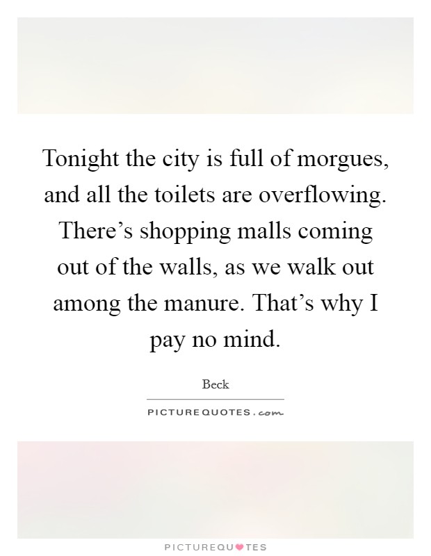 Tonight the city is full of morgues, and all the toilets are overflowing. There's shopping malls coming out of the walls, as we walk out among the manure. That's why I pay no mind. Picture Quote #1