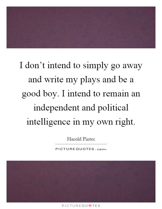 I don't intend to simply go away and write my plays and be a good boy. I intend to remain an independent and political intelligence in my own right Picture Quote #1