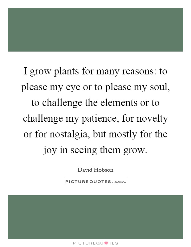 I grow plants for many reasons: to please my eye or to please my soul, to challenge the elements or to challenge my patience, for novelty or for nostalgia, but mostly for the joy in seeing them grow Picture Quote #1