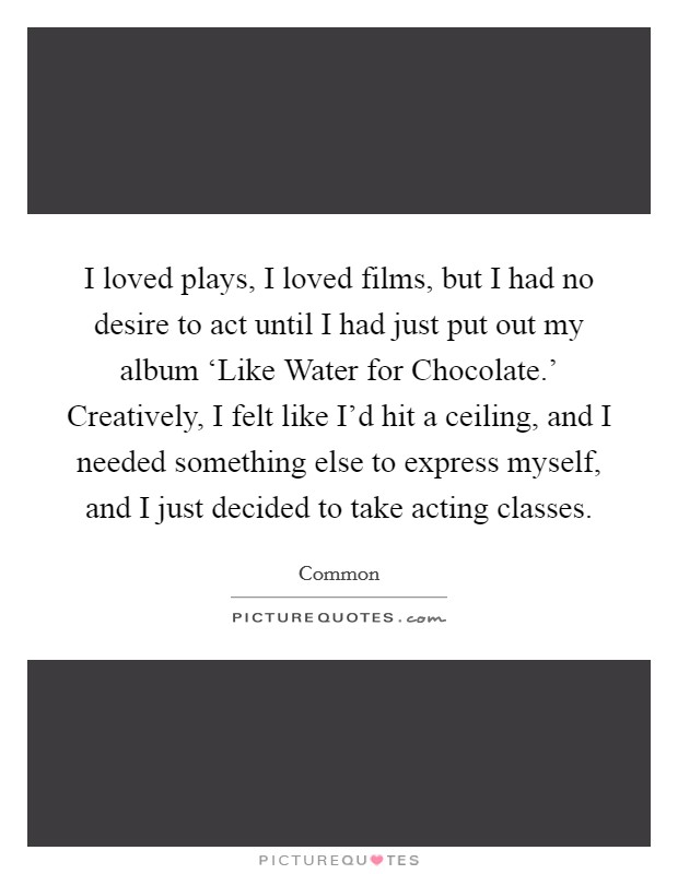 I loved plays, I loved films, but I had no desire to act until I had just put out my album ‘Like Water for Chocolate.' Creatively, I felt like I'd hit a ceiling, and I needed something else to express myself, and I just decided to take acting classes. Picture Quote #1