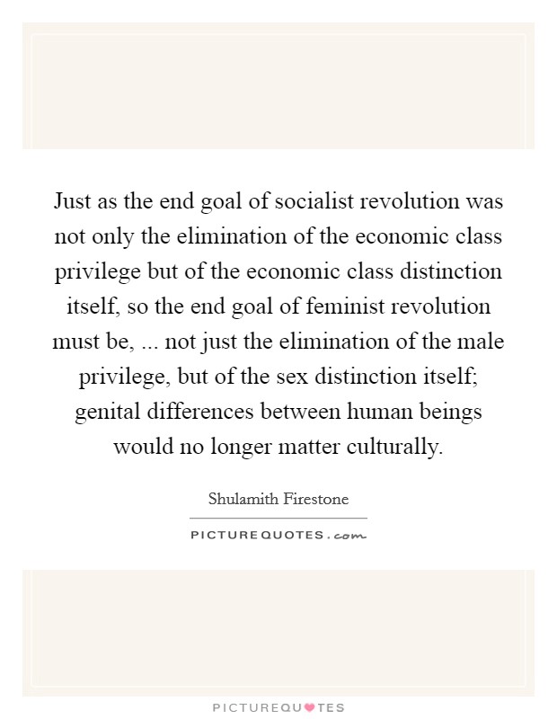 Just as the end goal of socialist revolution was not only the elimination of the economic class privilege but of the economic class distinction itself, so the end goal of feminist revolution must be, ... not just the elimination of the male privilege, but of the sex distinction itself; genital differences between human beings would no longer matter culturally. Picture Quote #1