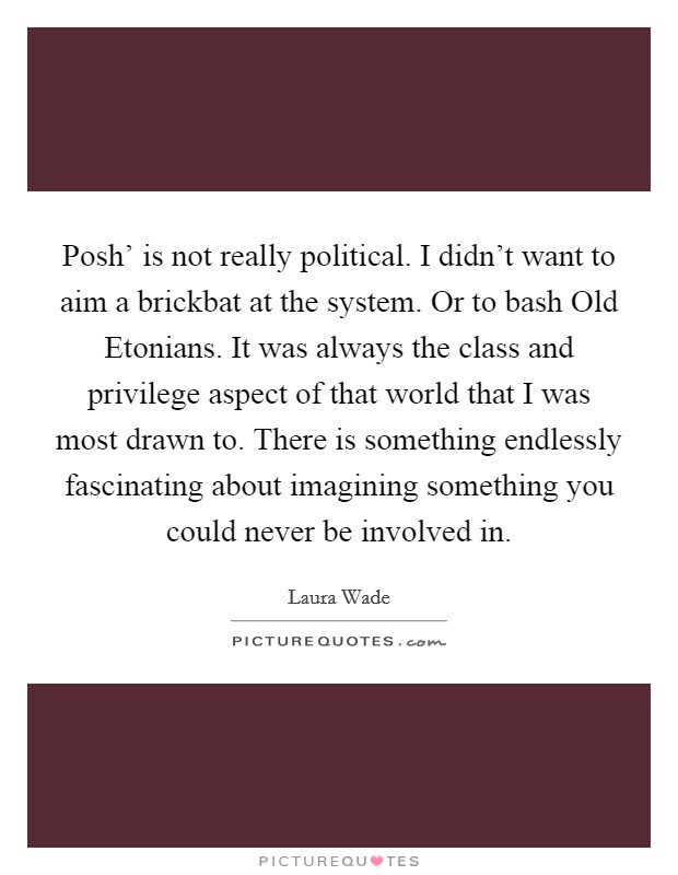 Posh' is not really political. I didn't want to aim a brickbat at the system. Or to bash Old Etonians. It was always the class and privilege aspect of that world that I was most drawn to. There is something endlessly fascinating about imagining something you could never be involved in. Picture Quote #1