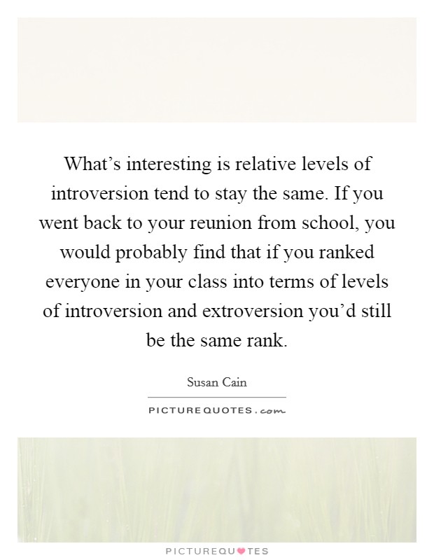 What's interesting is relative levels of introversion tend to stay the same. If you went back to your reunion from school, you would probably find that if you ranked everyone in your class into terms of levels of introversion and extroversion you'd still be the same rank. Picture Quote #1