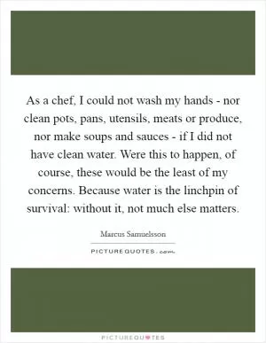 As a chef, I could not wash my hands - nor clean pots, pans, utensils, meats or produce, nor make soups and sauces - if I did not have clean water. Were this to happen, of course, these would be the least of my concerns. Because water is the linchpin of survival: without it, not much else matters Picture Quote #1