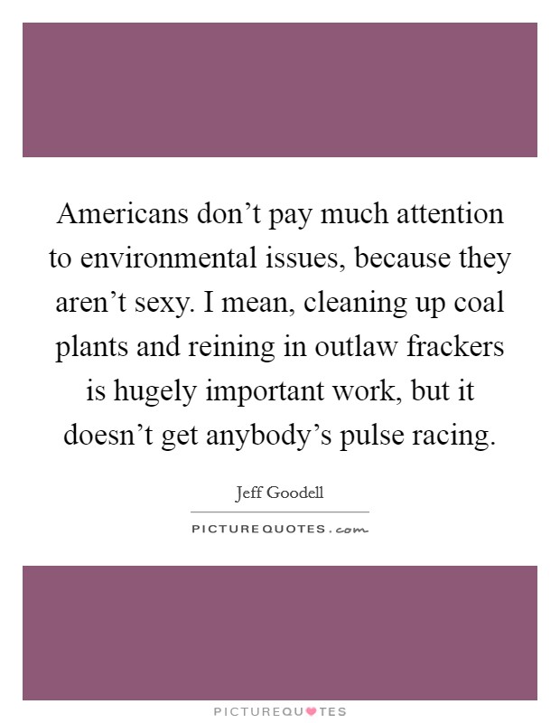 Americans don't pay much attention to environmental issues, because they aren't sexy. I mean, cleaning up coal plants and reining in outlaw frackers is hugely important work, but it doesn't get anybody's pulse racing. Picture Quote #1