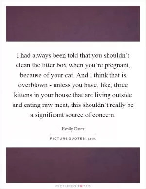 I had always been told that you shouldn’t clean the litter box when you’re pregnant, because of your cat. And I think that is overblown - unless you have, like, three kittens in your house that are living outside and eating raw meat, this shouldn’t really be a significant source of concern Picture Quote #1