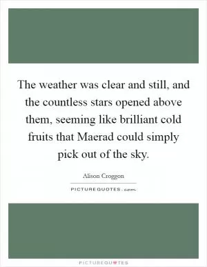 The weather was clear and still, and the countless stars opened above them, seeming like brilliant cold fruits that Maerad could simply pick out of the sky Picture Quote #1