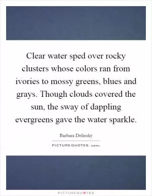 Clear water sped over rocky clusters whose colors ran from ivories to mossy greens, blues and grays. Though clouds covered the sun, the sway of dappling evergreens gave the water sparkle Picture Quote #1