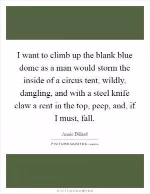 I want to climb up the blank blue dome as a man would storm the inside of a circus tent, wildly, dangling, and with a steel knife claw a rent in the top, peep, and, if I must, fall Picture Quote #1